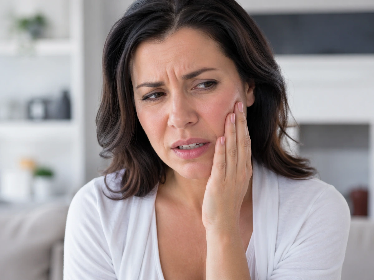 Patient holding cheek after losing a filling or crown and needing prompt dental care